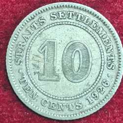 STRAITS SETTLEMCNT 10 CENT GEORGE V 1926 SILVER RARE COIN #S-48