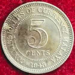 Malaya 5 Cents 1948 Silver - George VI RARE COIN #S-39