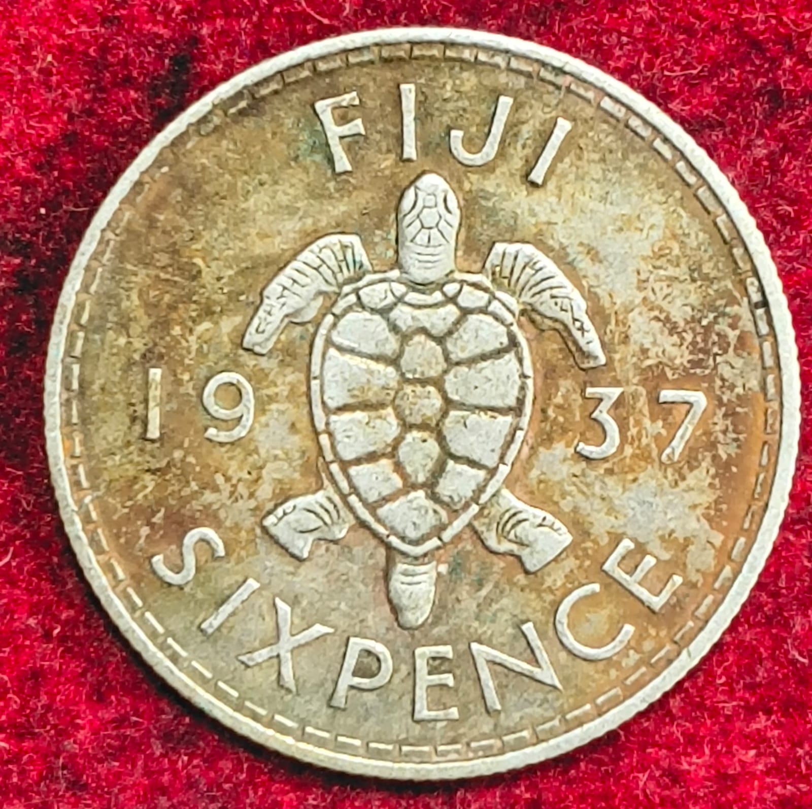 FIJI 1937 GEORGE SIX PENCE SILVER COIN #S-52