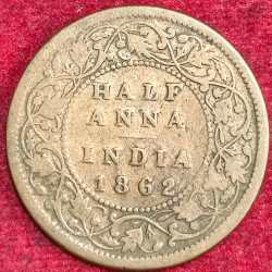 British India ½ Anna - Victoria 1862 RARE COIN #S-53