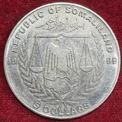 Alternative view of SOMALILAND 5 DOLLARS YEARS OF THE RABBIT 1999 RARE CROWN SIZE COIN #S-88