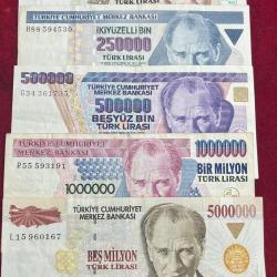 Turki ( 5 pcs SET) OLD ISSUE RARE NOTE big denomatin notes