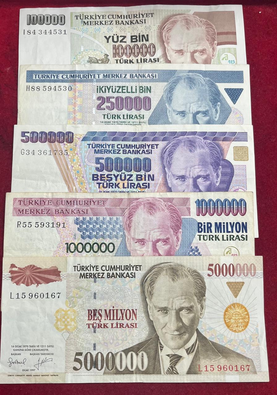 Turki ( 5 pcs SET) OLD ISSUE RARE NOTE big denomatin notes