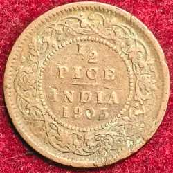 BRITISH INDIA EDWARO VII KING & EMPEROR 1/2 PICE 1903 RARE COIN #S-135