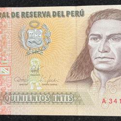 DEL PERU 500 QUINIENTOS INTIS UNC BANK NOTE