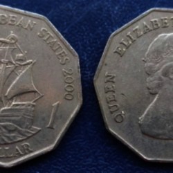 Eastern Caribbean States, 1 Dollar, 1989-2000, KM #20, Elizabeth II, Circulated Condition.
