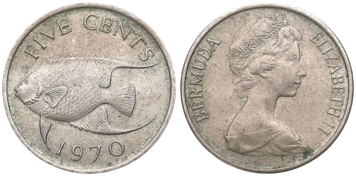 Bermuda, 5 Cents, 1970, Queen Angelfish, KM #45, Circulated Condition.