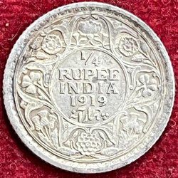 GEORGE V KING 1/4 RUPEES 1919 RARE SLIVER COIN #V-307