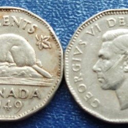 British - Canada, 5 Cents, 1949, George VI, KM #42, Circulated Condition.