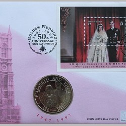 Turks and Caicos Islands, 5 Crowns, 1997, 50th Anniversary of the Marriage of Queen Elizabeth II and Prince Philip, KM #262, Coin First Day Cover.