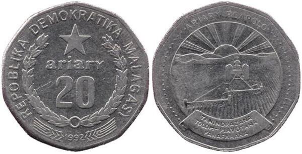 Madagascar, 20 Ariary, 1983, Motto A, KM# 14b, Circulated Condition.