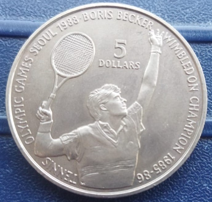 Niue, 5 Dollars, 1987, 1988 Summer Olympics, Seoul - Boris Becker, KM #1, Condition as per image.