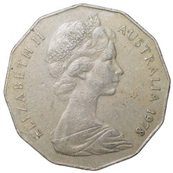 Alternative view of Copper-Nickel 50 Cents of Elizabeth II of Australia (AD 1978) with a red kangaroo (Macropus rufus) and an Emu (Dromaius novaehollandiae)