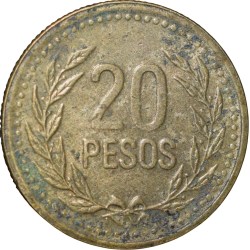 Alternative view of Brass 20 Pesos of Colombia Country (AD 1994)