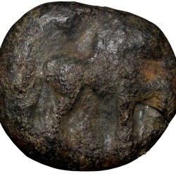 Black mixed bell metal Cast Copper from Vidarbha(4th - 3rd Cen. BC) Tiscali above Lion walking Right Ext. Rare