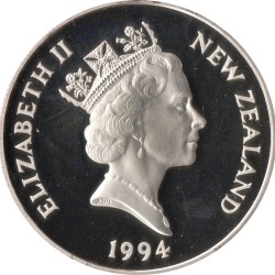 Alternative view of 5 Dollars Elizabeth II 3rd Portrait Winter Olympics New Zeland Issue 1994 Issue Silver