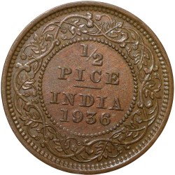 Alternative view of Bronze 1/2 Pice of George V (AD 1936) of Calcutta Mint About UNC Scarce