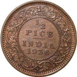 Alternative view of Bronze 1/2 Pice of George V (AD 1936) of Calcutta Mint About UNC Scarce