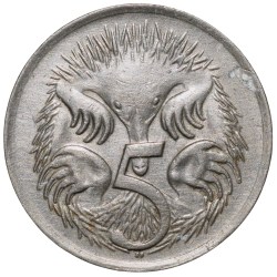 Alternative view of Nickel 5 Cents of Elizabeth II (AD 1970) from Australia with An Echidna (Ant Eater)