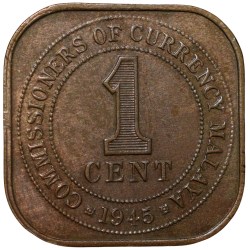 Alternative view of Bronze 1 Cent of George VI (AD 1945) from Malaya British Commonwealth