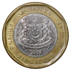 Alternative view of Bi-Metal 1 Dollar of Singapore (AD 2014) with Lion-head motif, orchid, the Merlion