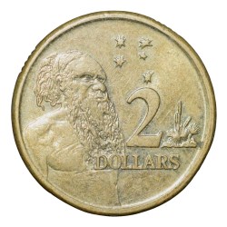 Brass 2 Dollar of Elizabeth II (AD 2009) from Australia with 1/2 length figure of Aboriginal man