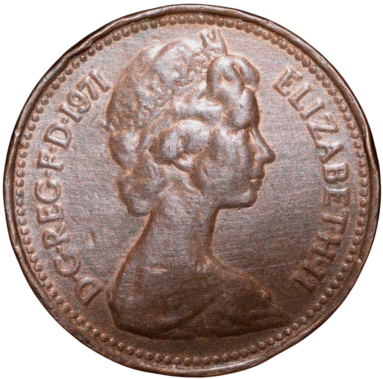 Bronze 1 Penny of Elizabeth II (AD 1971) from United Kingdom