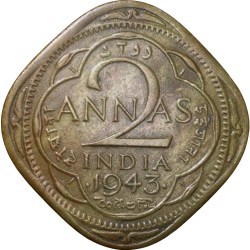 Alternative view of Nickel-Brass 2 Annas of George VI(AD 1943) of Bombay Mint