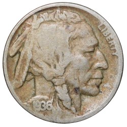 Copper-Nickel 5 Cents of USA (AD 1936) with Standing American Bison Rare