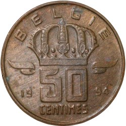 Alternative view of Bronze 50 Centimes of Belgium Country (AD 1994) with A Miner