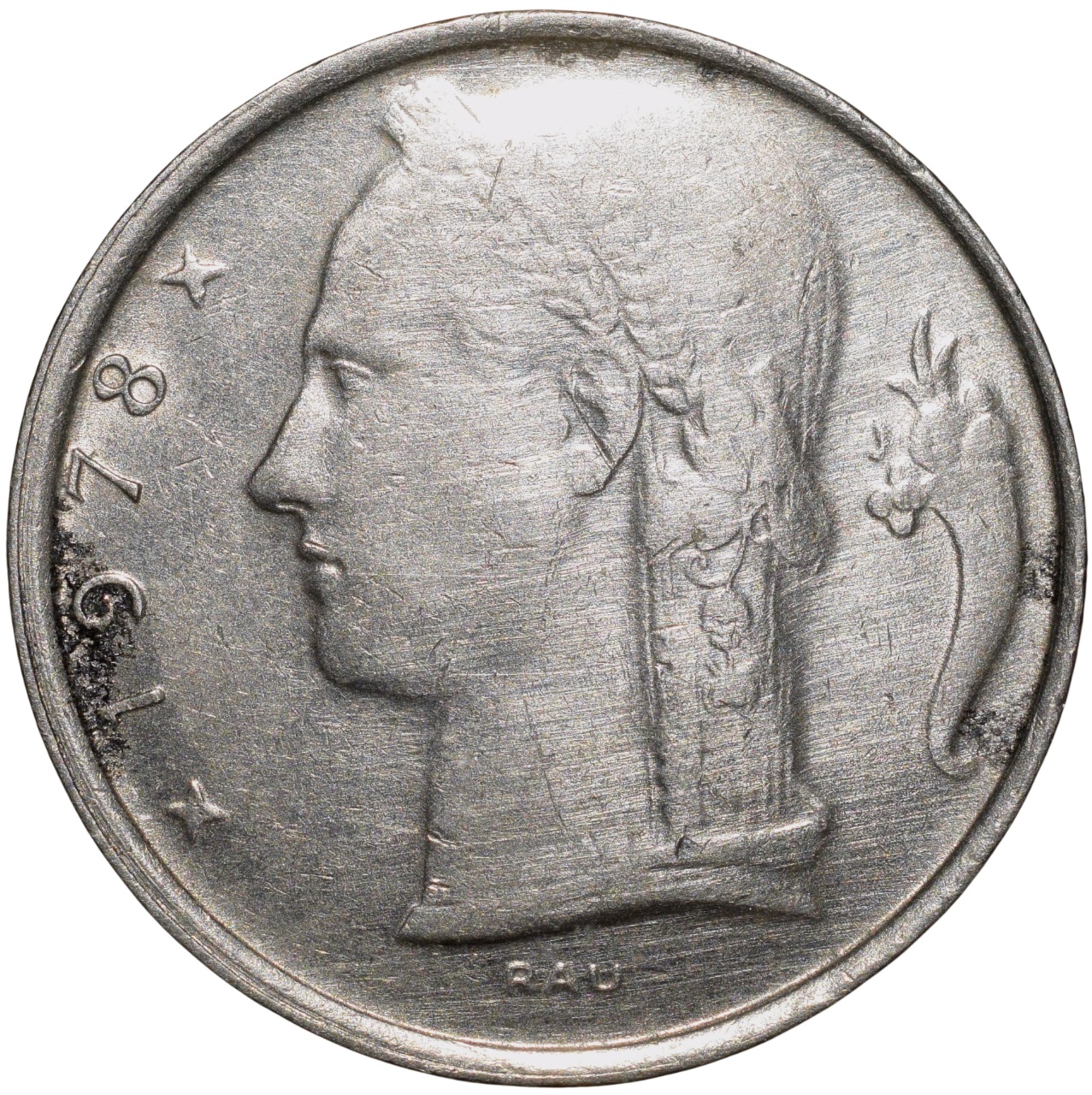 Copper-Nickel 5 Francs of Belgium (AD 1978) with Head of Ceres