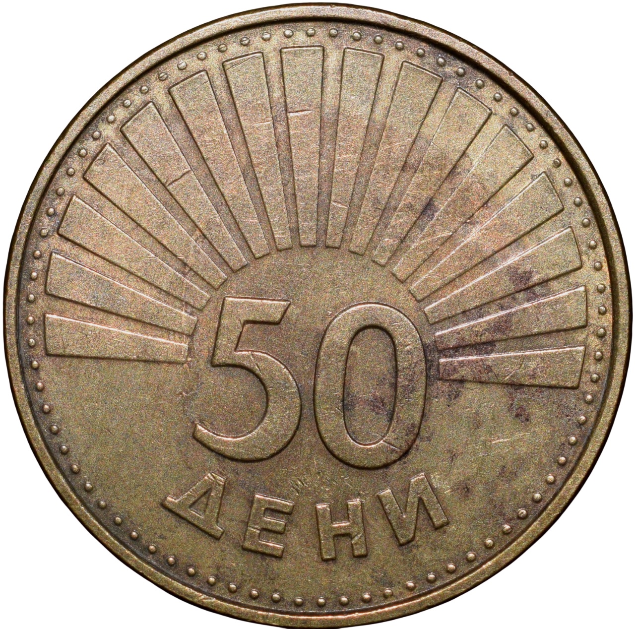 Brass 50 Deni of Macedonia (AD 1993) with Black-headed gull Scarce - Image 2