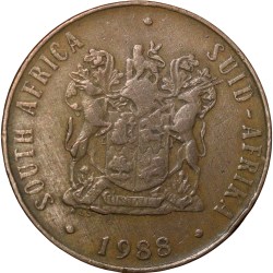 Alternative view of Bronze 2 Cents of South Africa (AD 1988) with Wildebeest bucking left
