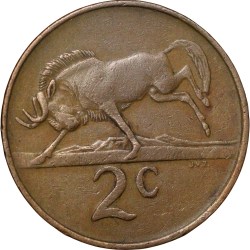 Bronze 2 Cents of South Africa (AD 1988) with Wildebeest bucking left