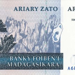 100 Ariary/500 Francs note of Madagascar Country (AD2004) with Ravinala palm (Ravenala madagascariensis)/Sugar Loaf hill in Diego-Suarez Bay in Antsiranana