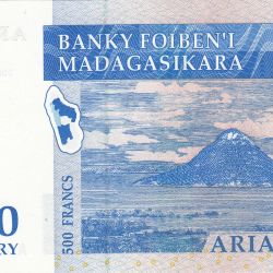 Alternative view of 100 Ariary/500 Francs note of Madagascar Country (AD2004) with Ravinala palm (Ravenala madagascariensis)/Sugar Loaf hill in Diego-Suarez Bay in Antsiranana
