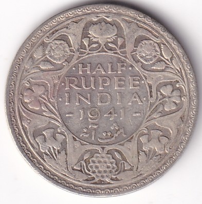 1941 British India Half Rupee George VI Bombay Mint Silver Coin