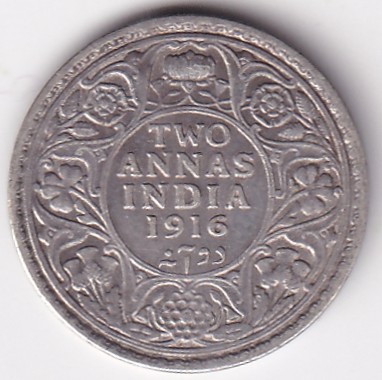 Two Annas 1916 George V King Silver Coin Ex Rare