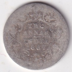British India 2 Annas 1887 Victoria Silver Rare Low Detail Coin