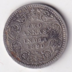 British India 2 Annas 1890 Victoria Silver Rare Coin
