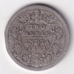 British India 2 Annas 1891 Victoria Silver Rare Coin