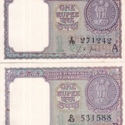 One Rupee 1963 and 1965 L K Jhaand S Bhootlingam Two Unc Notes Set