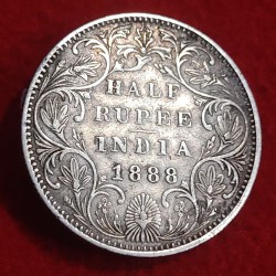 HALF RUPEE SILVER COIN VICTORIA EMPRESS 1888 B RAISED BOMBAY MINT RARE VARIETIE