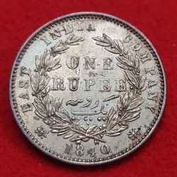 Alternative view of ONE RUPEE SILVER COIN VICTORIA QUEEN 1840 MADRAS MINT W. W. B RAISED