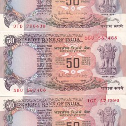 3 DIFFERENT 50 RUPEES (PLAIN INSERT) (A INSERT) (B INSERT) UNC NOTE SET