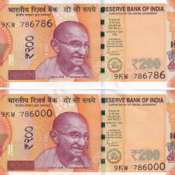786786 + 786000 FANCY NUMBER SAME PREFIX 200 RUPEES GEM UNC RARE (2 NOTE SET)