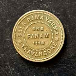 Issuer-Kingdom of Travancore (Indian Hindu Dynasties) ￼MaharajaChithira Thirunal Balarama Varma II (1931-1947) TypeStandard circulation coinsYears1116-1121 (1941-1946)CalendarIndia - Kollam eraValue1 Fanam (⅐)CurrencyRupee (1729-1947)CompositionSilver (.500) Weight1.51 g Diameter15.72 mm Same and similar piece available