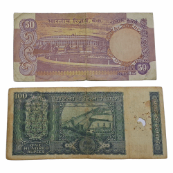 Alternative view of 100 Rupees Old SMALL DAM White Stripes & 50 Rupees Old PARLIAMENT WITHOUT FLAG Issue Signs M.NARASHIMHAN and I.G PATEL Set 2 Notes are in Collectable Grades.