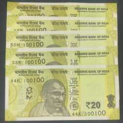 100100 Fancy Number 20 Rupees Governor Shaktikanta Das Unc 1 Note