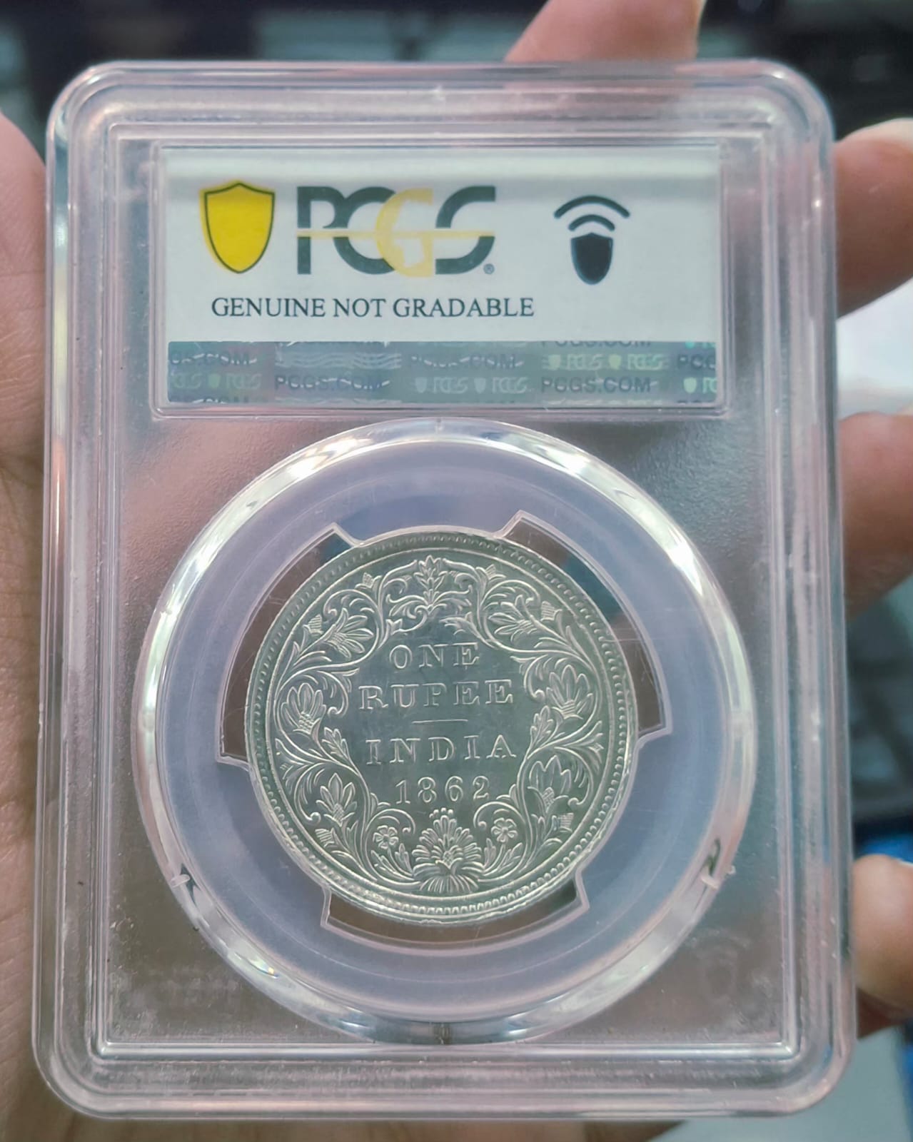 Extremely Rare One Rupee Year 1862 Silver 4 Dot UNC PCGS GRADING